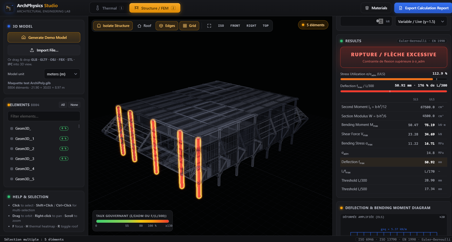 Capture d’écran d’ArchiPoly Studio avec le modèle 3D et les résultats de calcul ArchPhysics